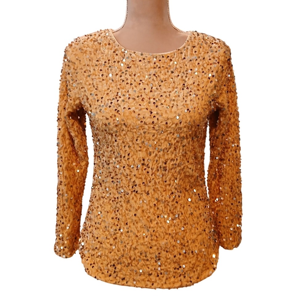 Anna-Kaci Small Gold Sequin Long Sleeve Sparkle Shine velvet Top Womens Modest